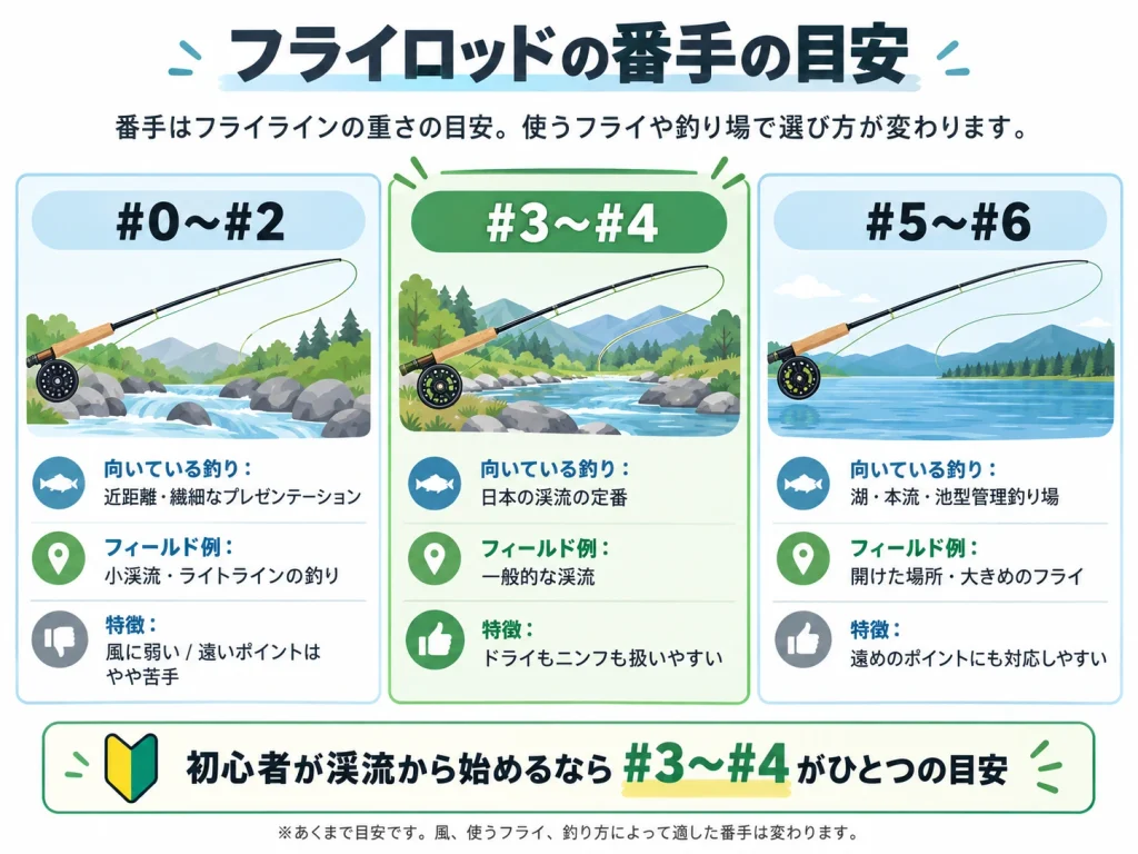 フライロッドの番手ごとの用途と選び方の目安をまとめた図
